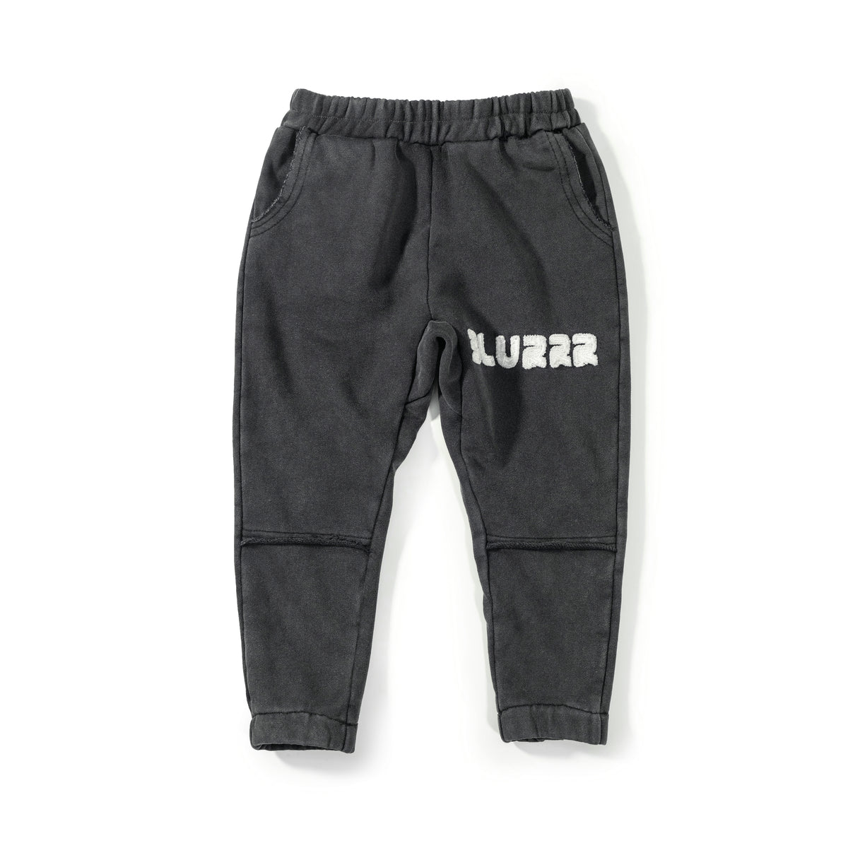Dark gray sweatpants with a brand logo on a white background