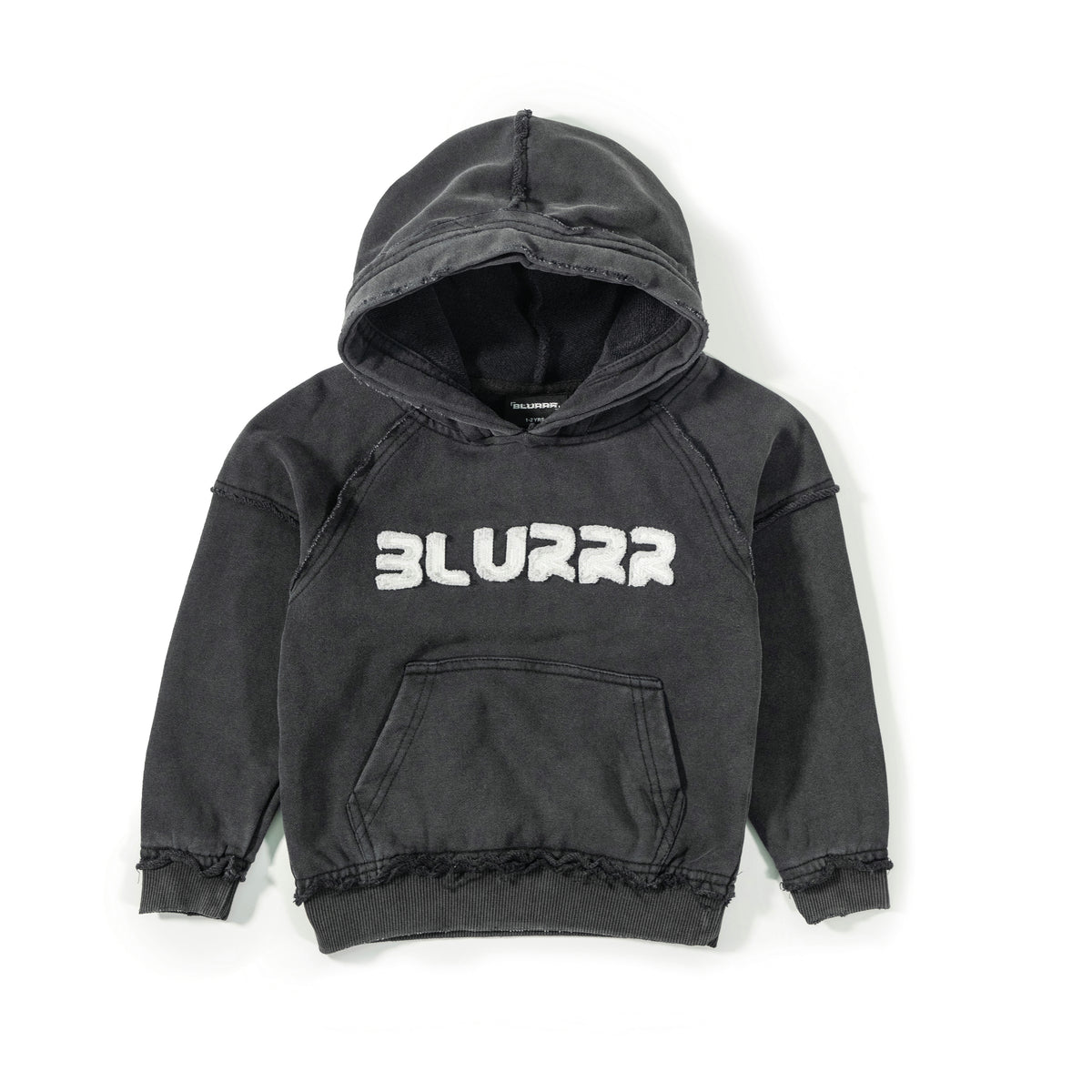 Black hoodie with 'BLURRR' logo on a white background