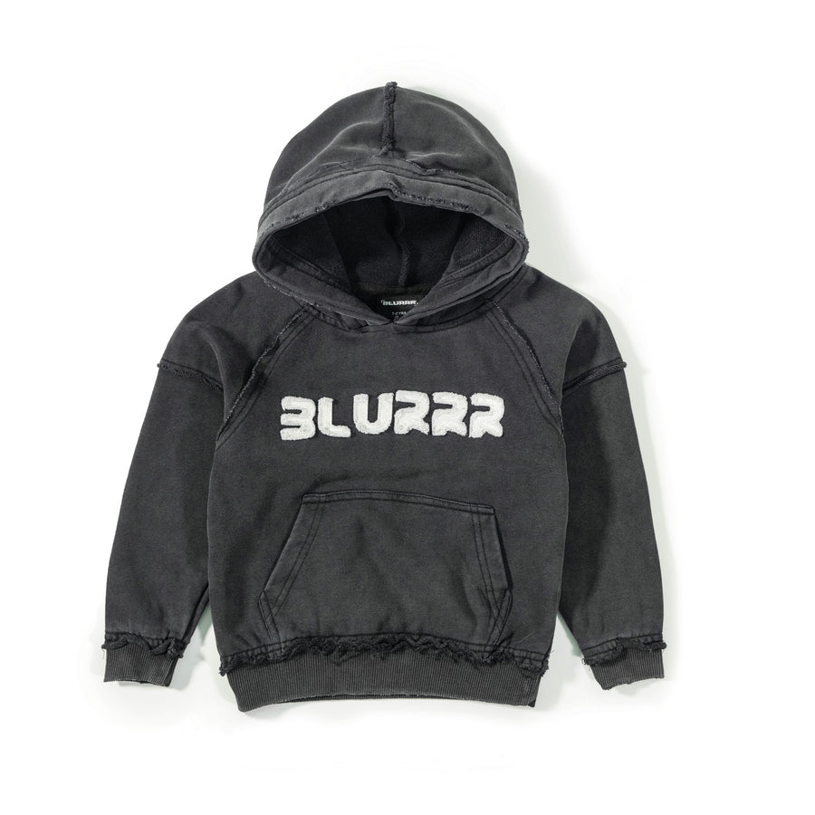 Black hoodie with 'BLURRR' logo on a white background