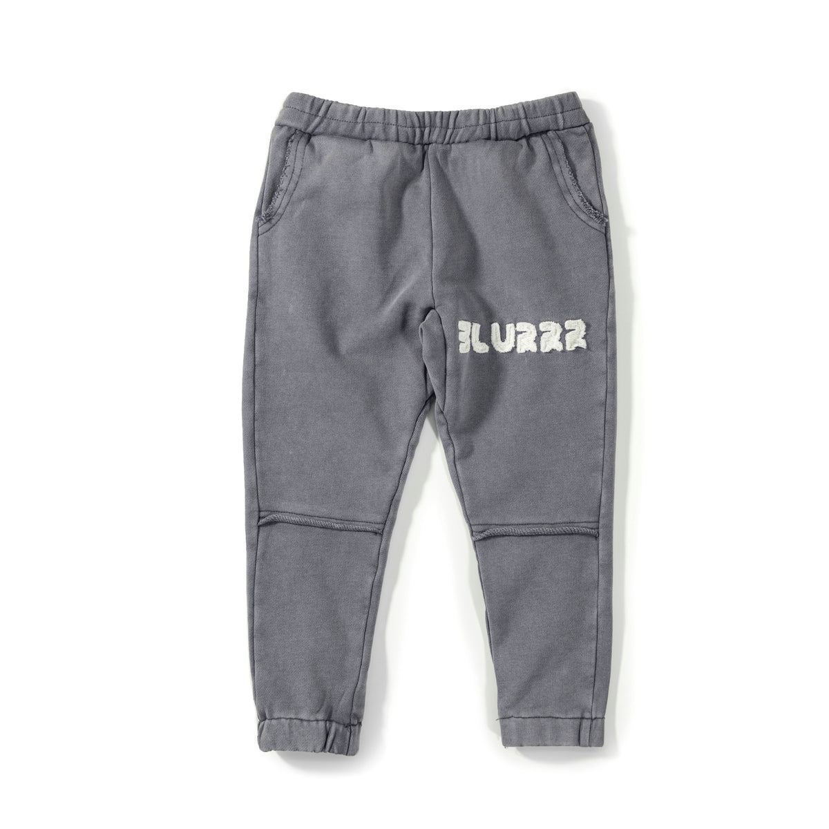 Gray sweatpants with 'BLURRR' logo on a white background