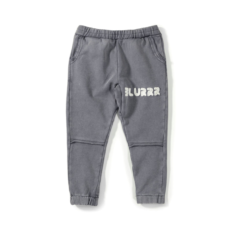 Gray sweatpants with 'BLURRR' logo on a white background
