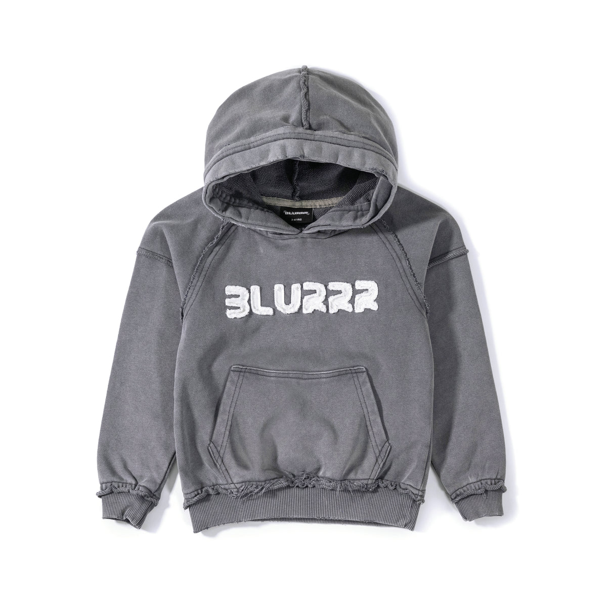 Grey hoodie with 'BLURRR' text on a white background