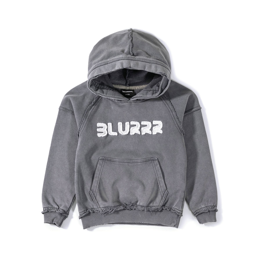 Grey hoodie with 'BLURRR' text on a white background