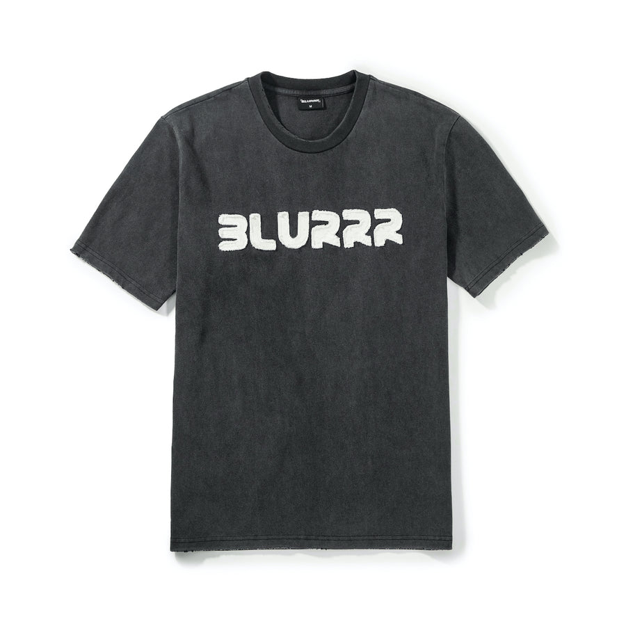 Acid wash black t-shirt with 'BLURRR' logo on a white background
