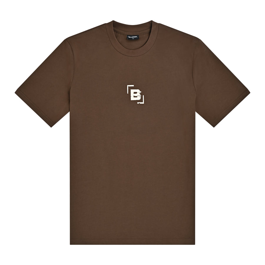Brown t-shirt with a white logo on a white background