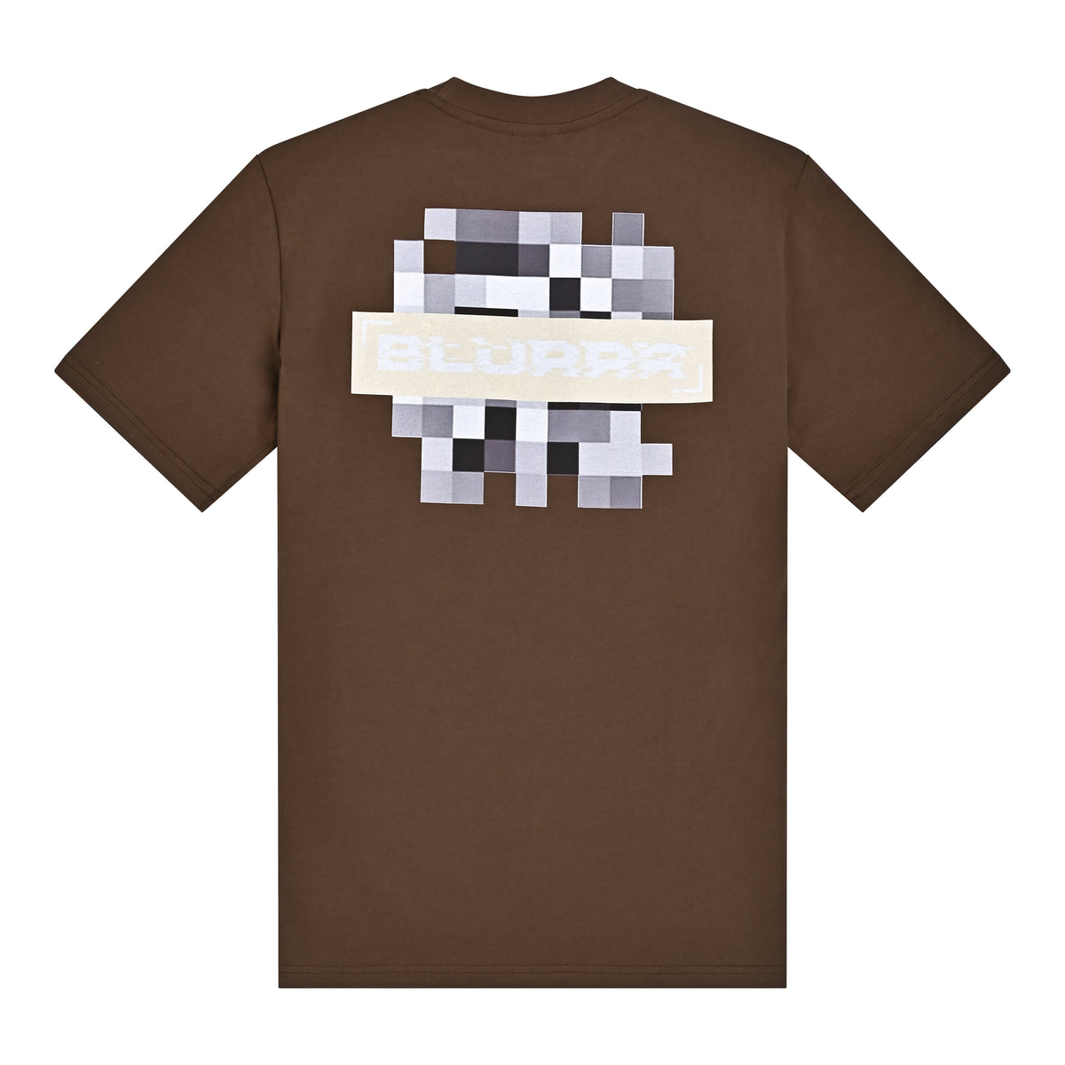 Brown t-shirt with pixelated design on the back against a white background