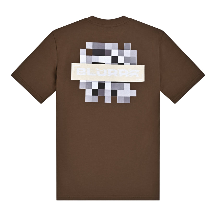 Brown t-shirt with pixelated design on the back against a white background