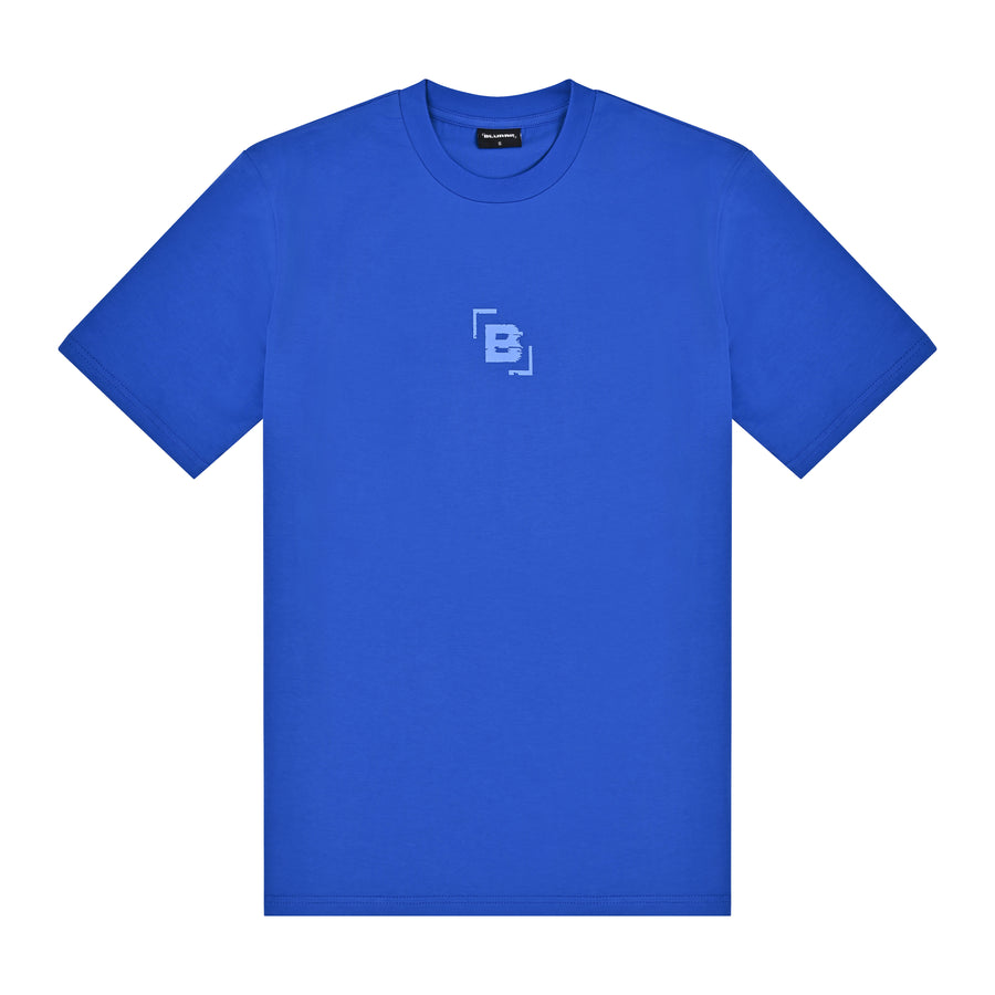 Blue t-shirt with a blue logo on a white background