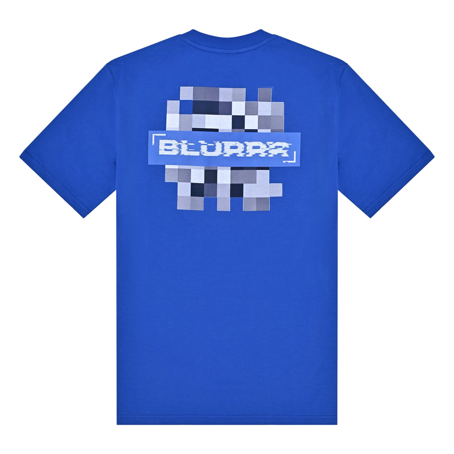 Blue t-shirt with pixelated design and 'BLURRR' text on a white background