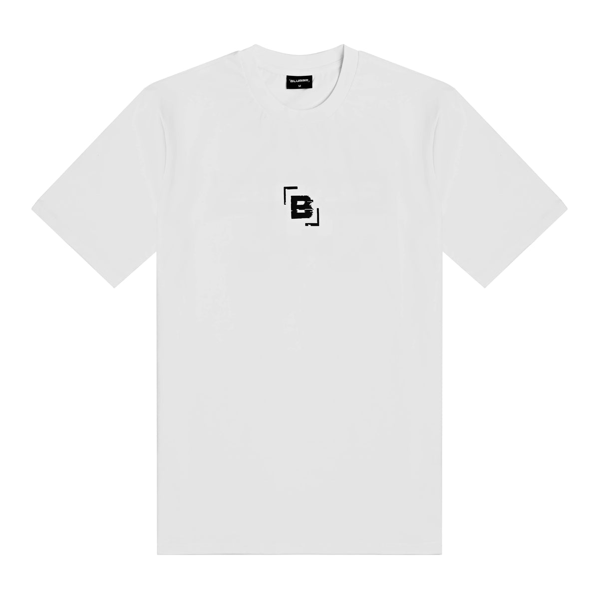 White t-shirt with a black logo on a white background