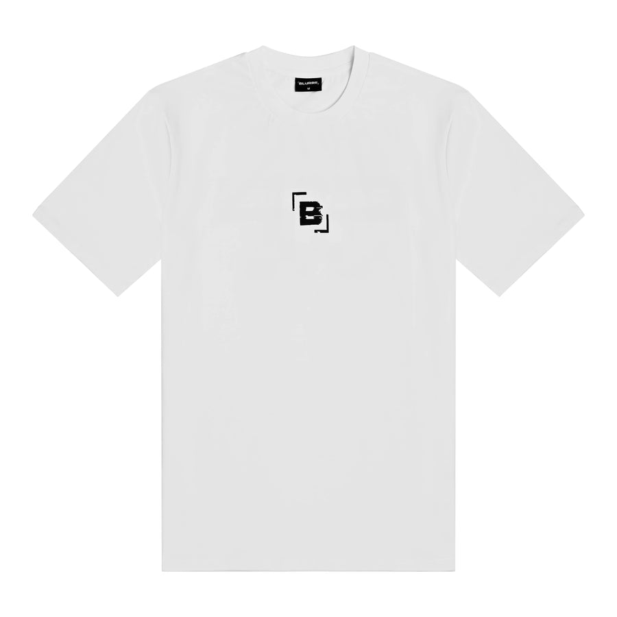 White t-shirt with a black logo on a white background