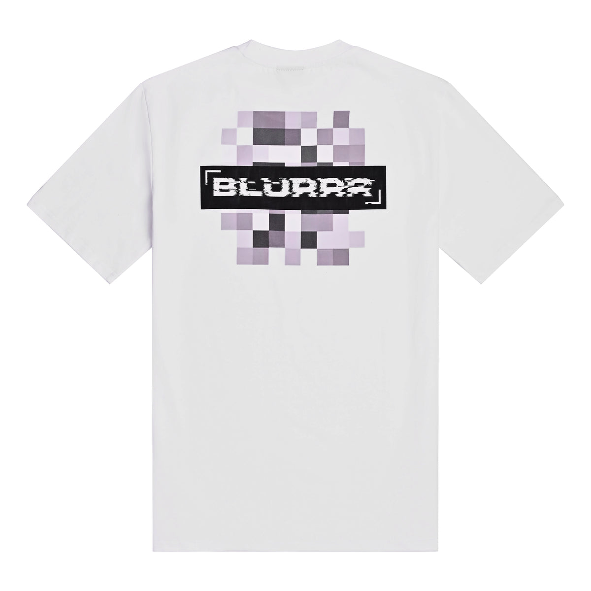 White t-shirt with pixelated design and 'BLURRR' logo on a white background