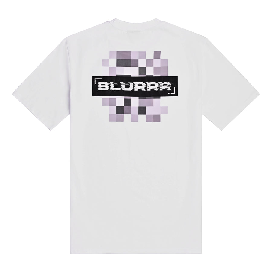 White t-shirt with pixelated design and 'BLURRR' logo on a white background