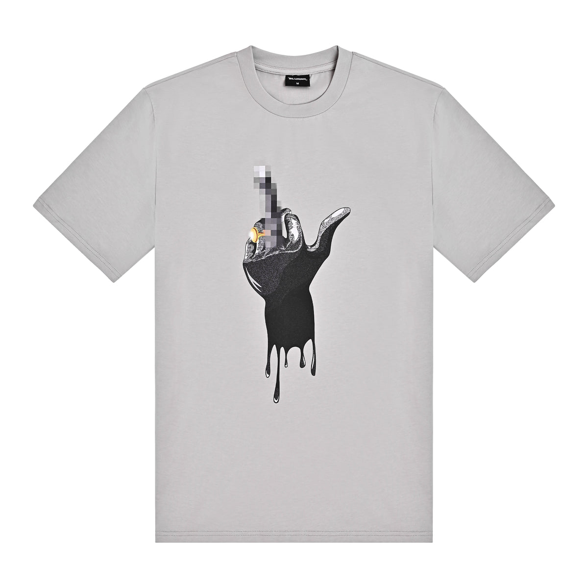 A grey crew neck t-shirt with print of a hand making a 'middle finger' gesture. 