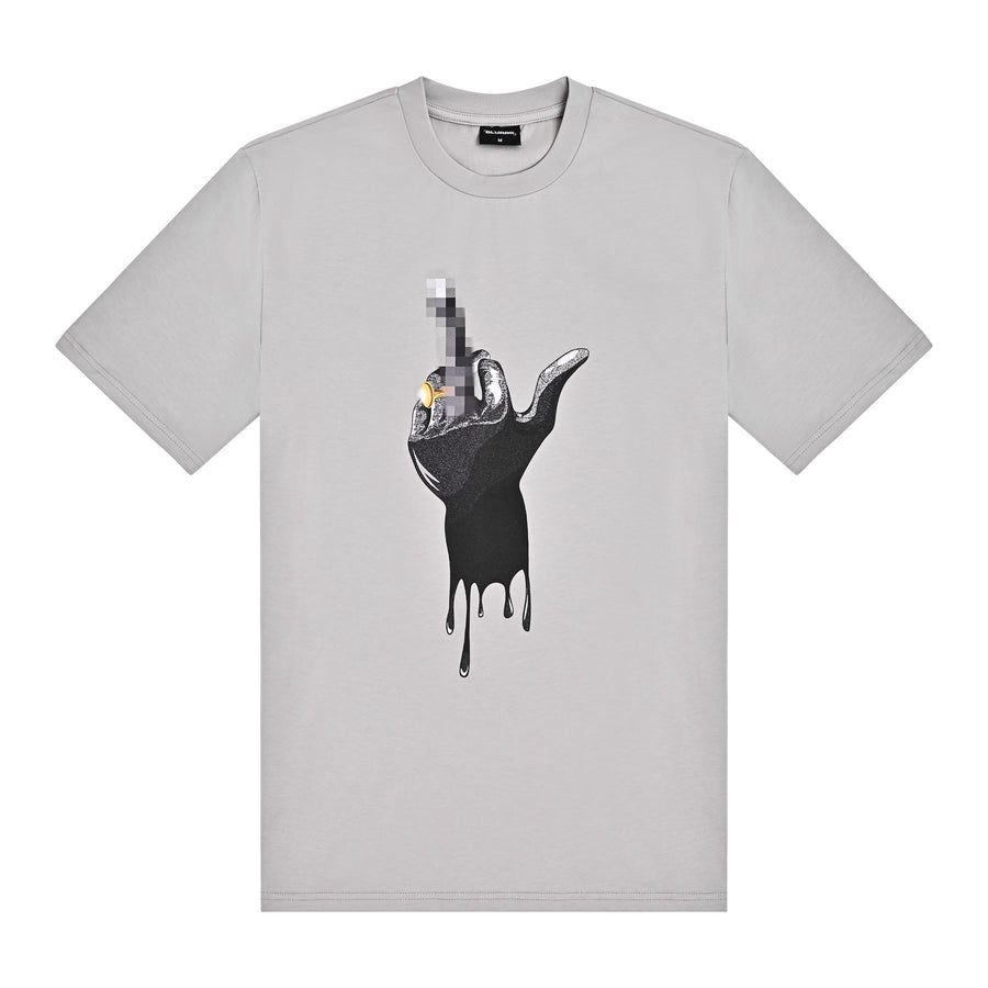A grey crew neck t-shirt with print of a hand making a 'middle finger' gesture. 
