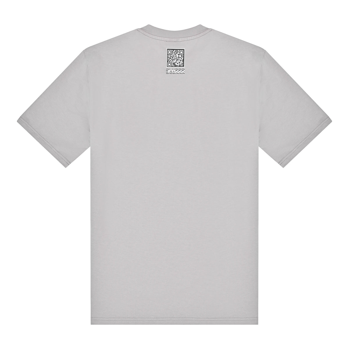 Grey t-shirt with a QR code on the back against a white background