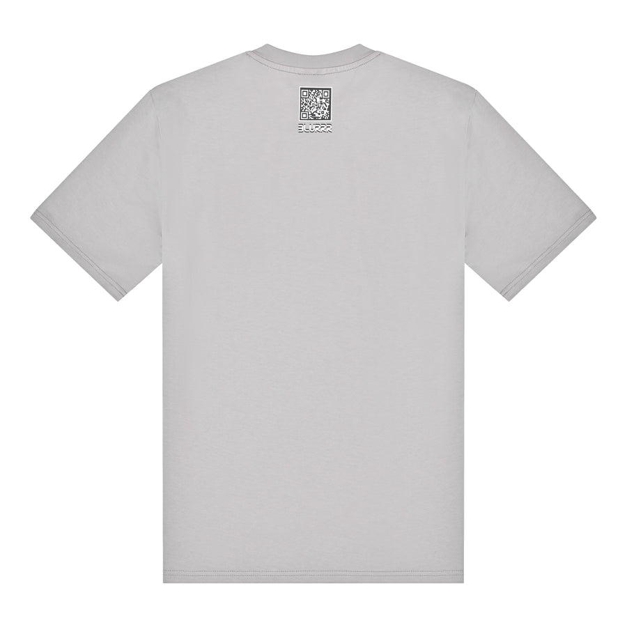 Grey t-shirt with a QR code on the back against a white background