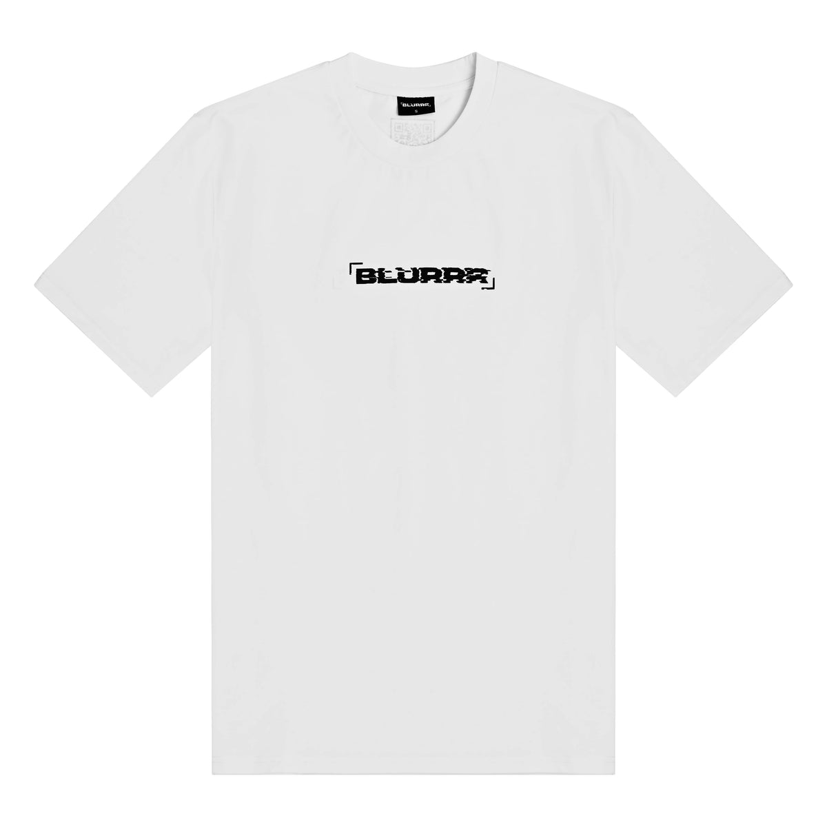 White t-shirt with 'BLURRR' logo on a white background