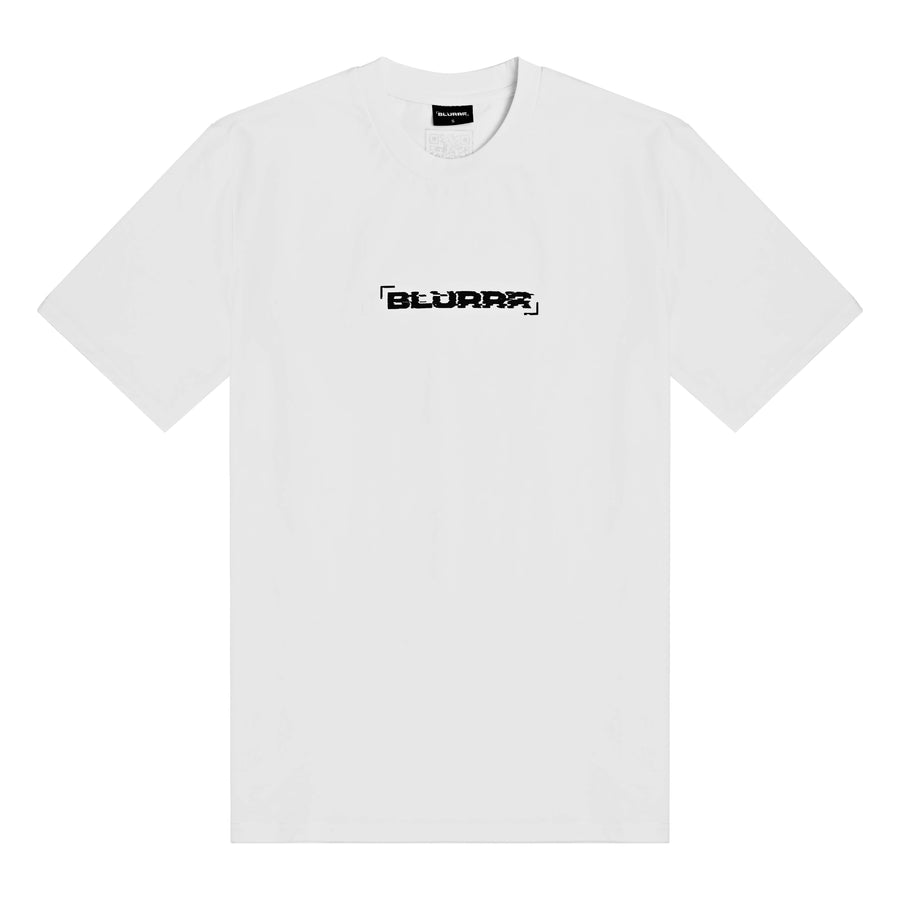 White t-shirt with 'BLURRR' logo on a white background