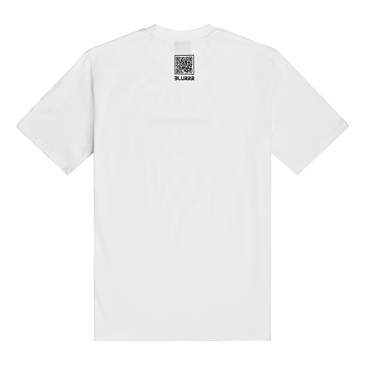 White t-shirt with a QR code and brand logo on the back against a white background