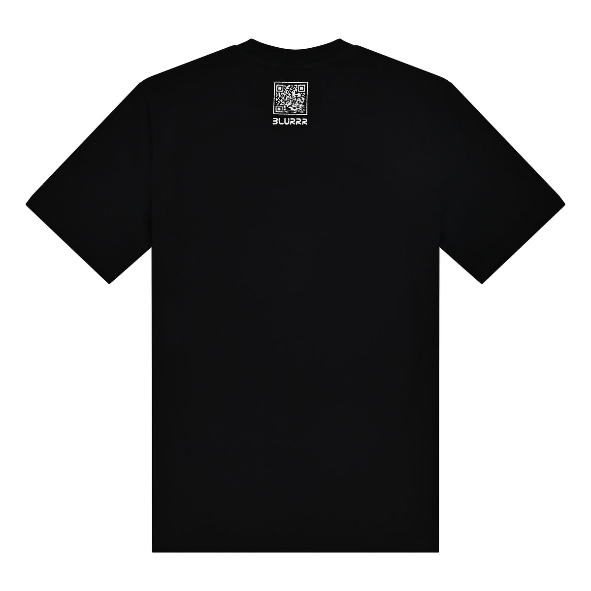 Black t-shirt with a QR code and text on the back against a white background