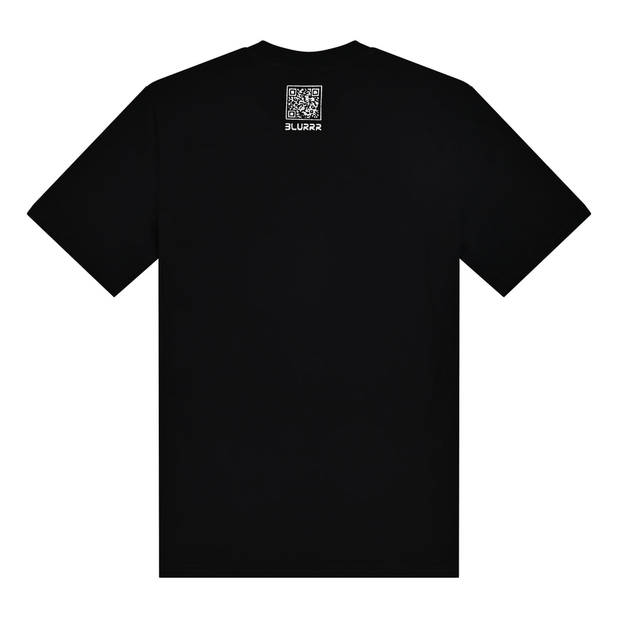 Black t-shirt with a QR code and text on the back against a white background