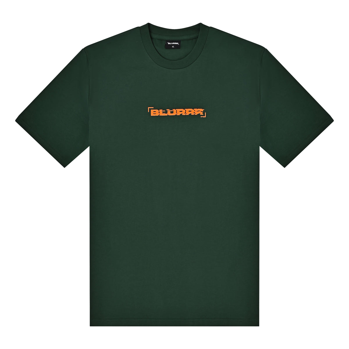 Green t-shirt with orange logo on a white background