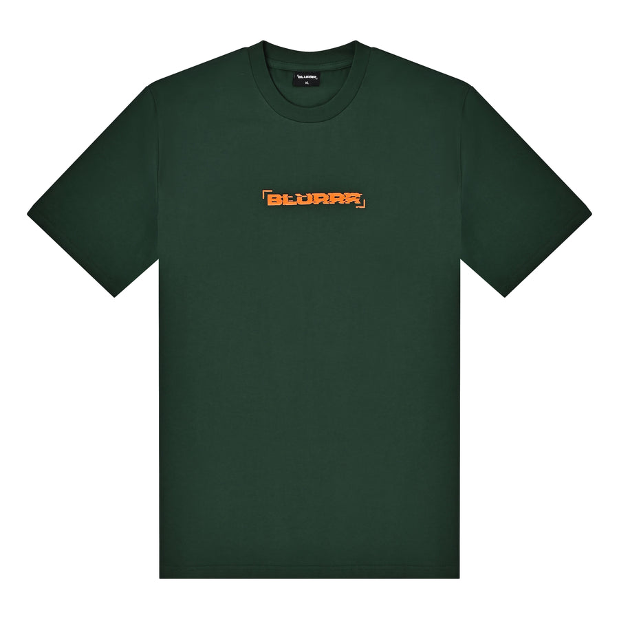 Green t-shirt with orange logo on a white background