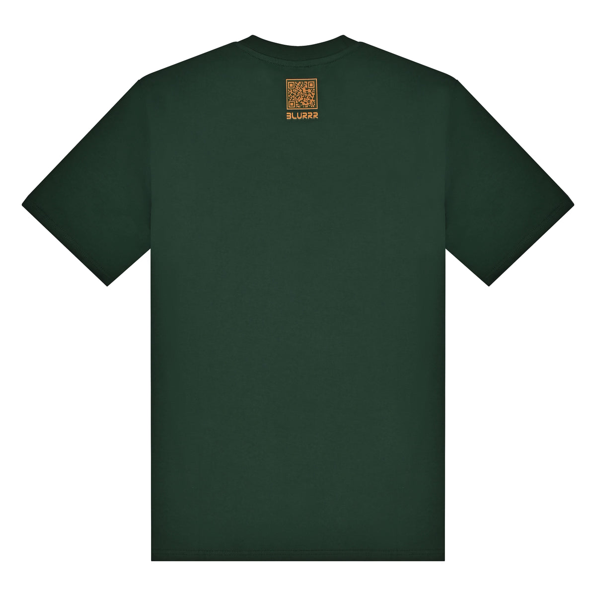 Green t-shirt with a small logo on the back against a white background