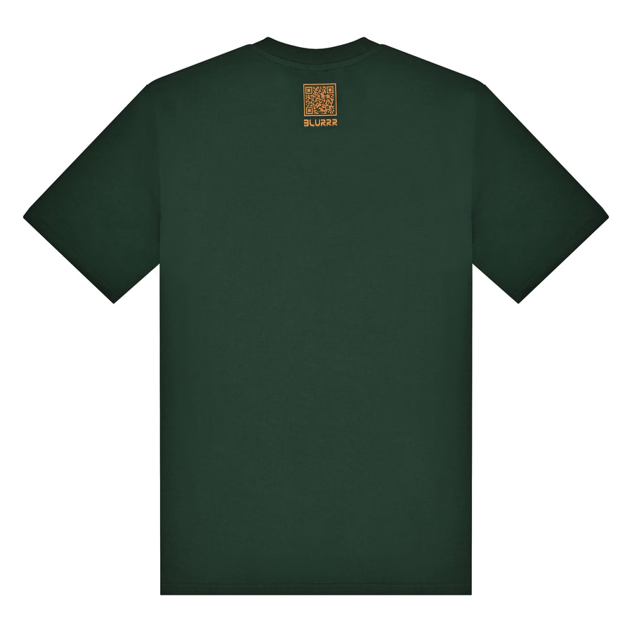Green t-shirt with a small logo on the back against a white background