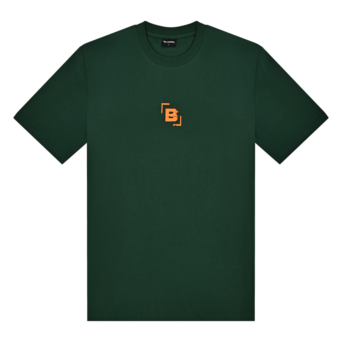 Green t-shirt with a small orange logo on a white background