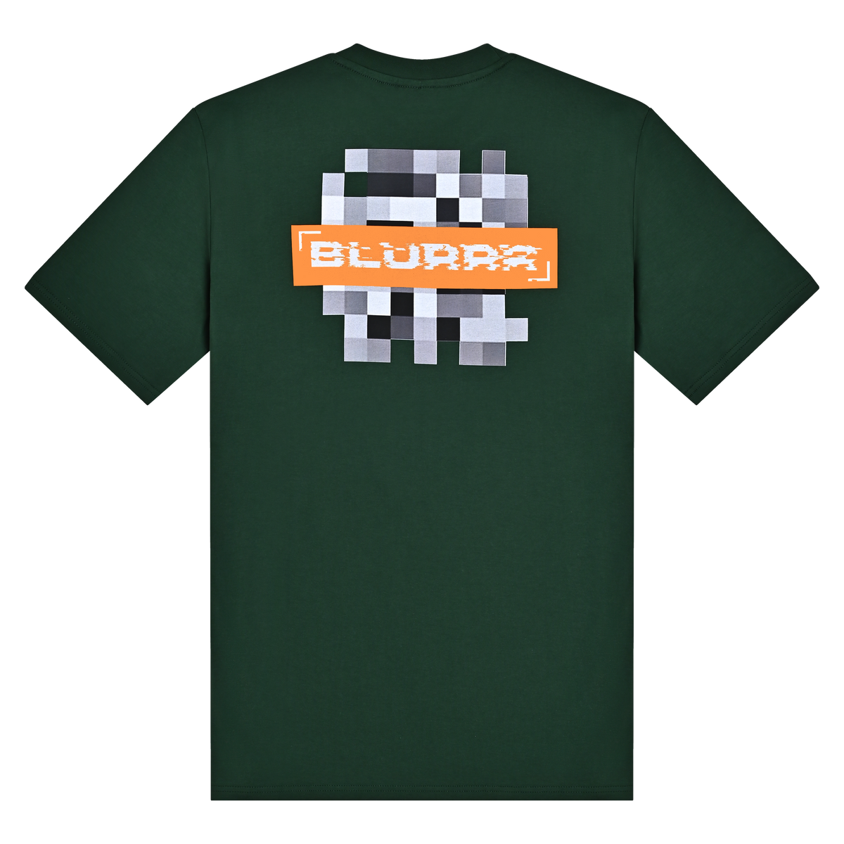 Green t-shirt with pixelated design and 'BLURRR' text on a white background