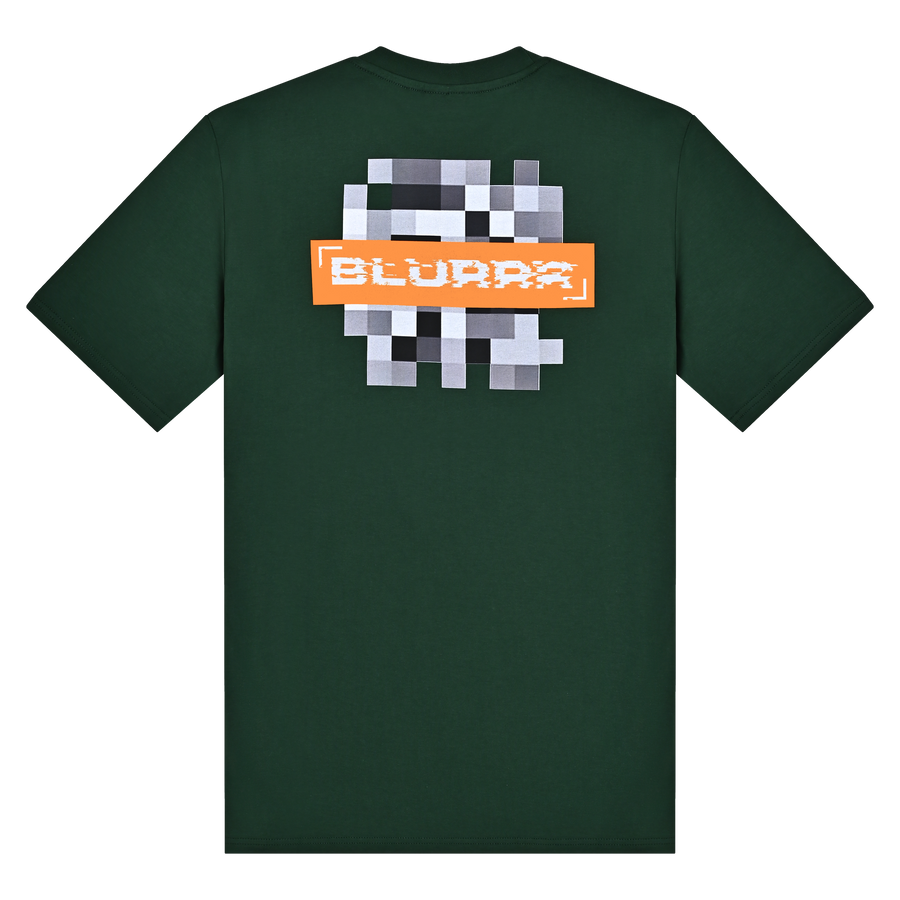 Green t-shirt with pixelated design and 'BLURRR' text on a white background