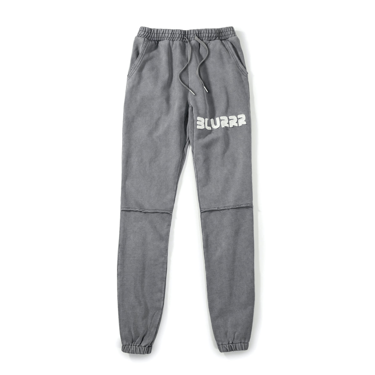 Grey sweatpants with 'BLURRR' logo on a white background