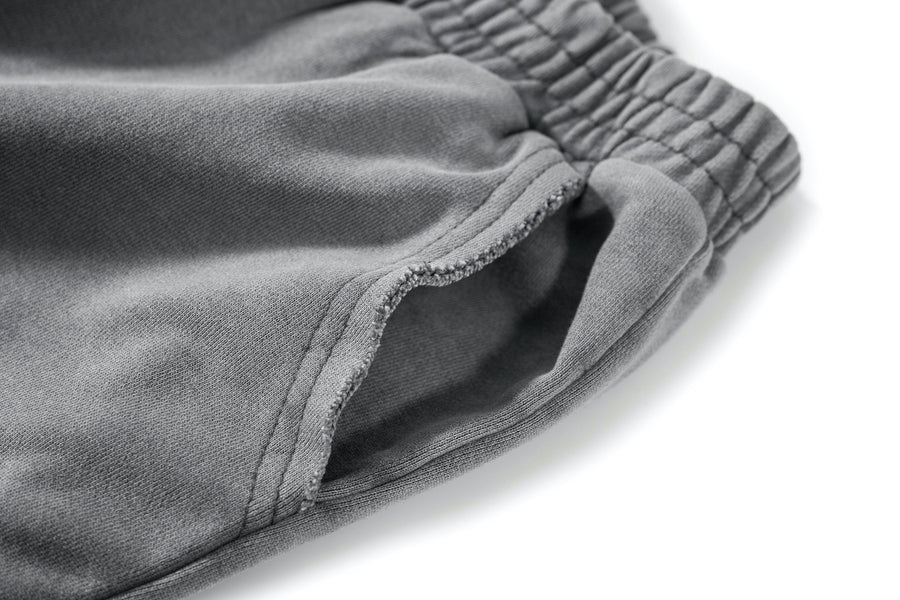 Close-up of grey sweatpants on a white background