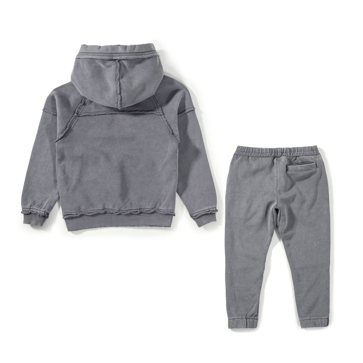 Grey hoodie and pants set on a white background