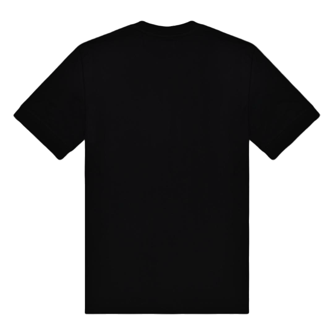 A plain black short-sleeve crewneck t-shirt shown from the back, isolated on a solid white background.