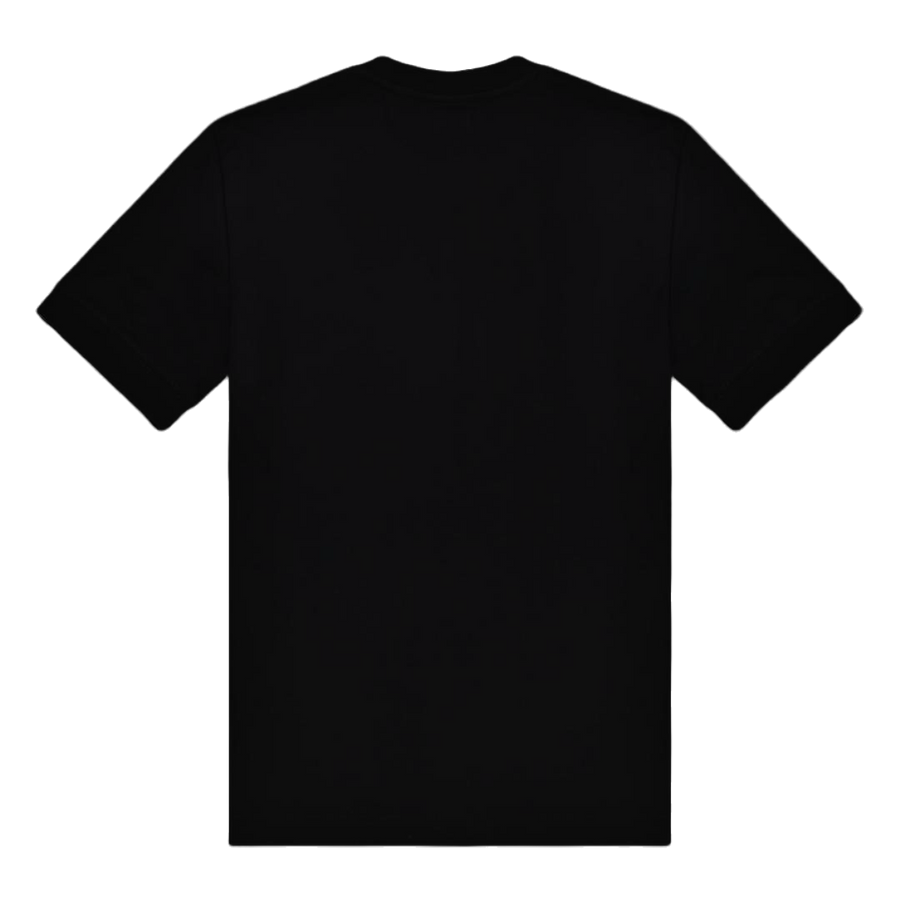 A plain black short-sleeve crewneck t-shirt shown from the back, isolated on a solid white background.
