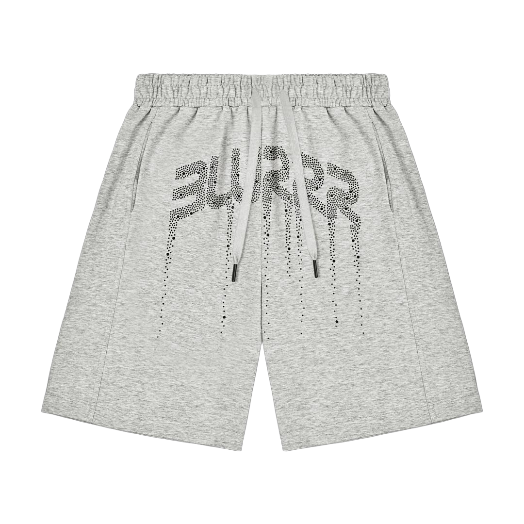 Light grey sweat shorts with a black and grey 'BLURRR' graphic printed on the front, featuring an elastic waistband and drawstring.