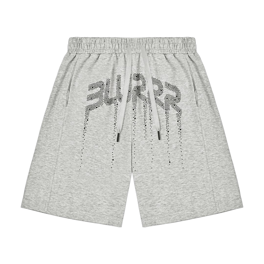 Light grey sweat shorts with a black and grey 'BLURRR' graphic printed on the front, featuring an elastic waistband and drawstring.