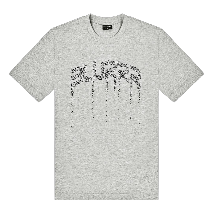 A light grey crewneck t-shirt featuring a stylised 'BLURRR' graphic across the chest made of small black dots, with a dripping effect, shown on a plain white background.