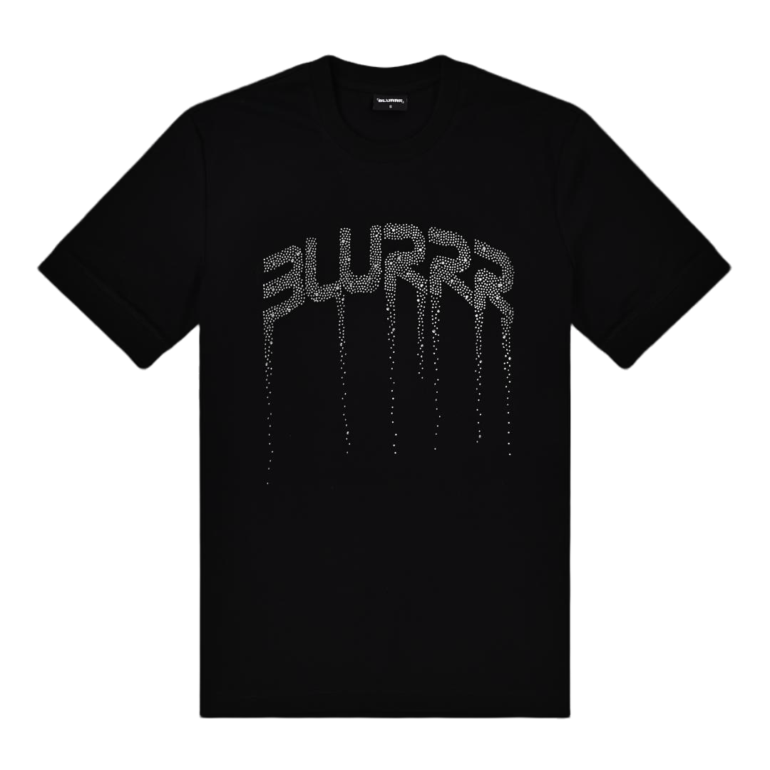 A black short-sleeve crewneck t-shirt featuring a stylised 'BLURRR' graphic across the chest in a silver glittery, dripping font, displayed against a solid white background.
