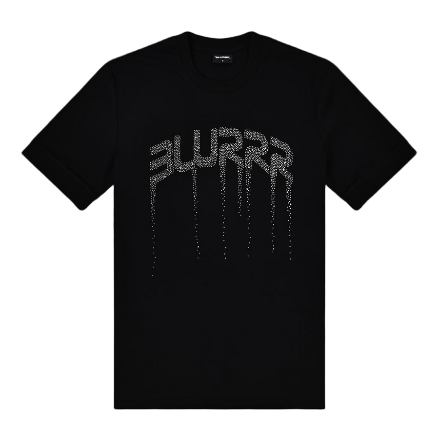 A black short-sleeve crewneck t-shirt featuring a stylised 'BLURRR' graphic across the chest in a silver glittery, dripping font, displayed against a solid white background.