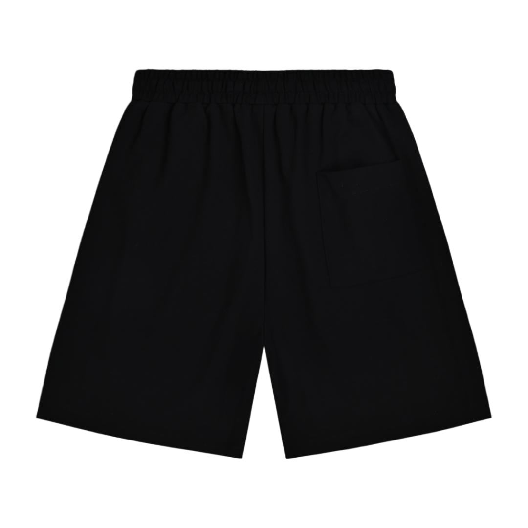 Black shorts with an elastic waistband and a side pocket, shown from the back on a plain white background.