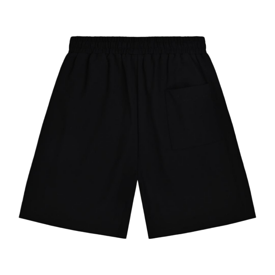 Black shorts with an elastic waistband and a side pocket, shown from the back on a plain white background.