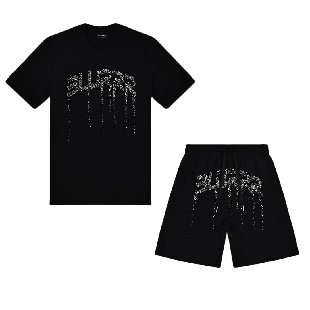 A two-piece black clothing set featuring a short-sleeve t-shirt and matching shorts, both with a stylized silver 'BLURRR' logo printed on the front in a dripping graphic design, displayed on a solid white background.