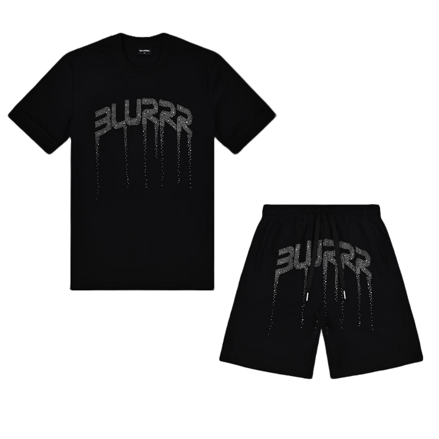 A two-piece black clothing set featuring a short-sleeve t-shirt and matching shorts, both with a stylized silver 'BLURRR' logo printed on the front in a dripping graphic design, displayed on a solid white background.