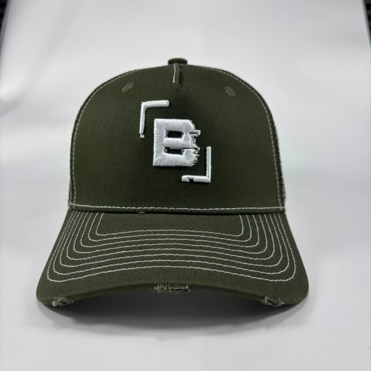 An olive green distressed baseball cap with white contrast stitching and a white embroidered 'B' logo on the front, displayed against a light grey background.